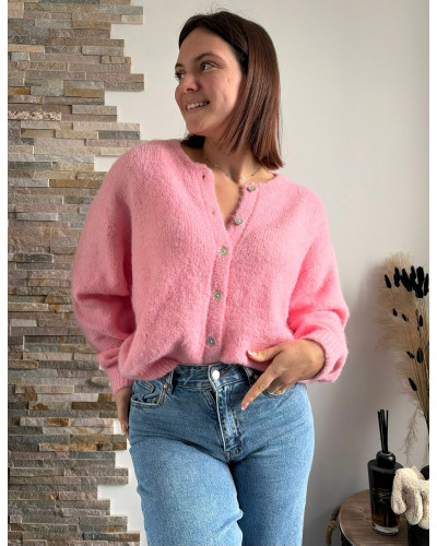 LEONARD | Gilet rose avec boutons nacrés