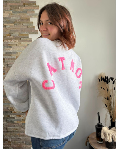 PAOLO | Sweat gris inscription CAT MOM dans le dos