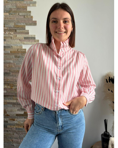 CAMELIA | Chemise rayé rose avec col volant