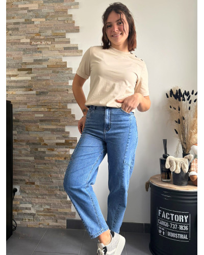 PIERRE | Tee-shirt coton beige boutons épaule