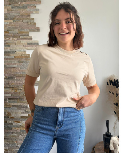 PIERRE | Tee-shirt coton beige boutons épaule