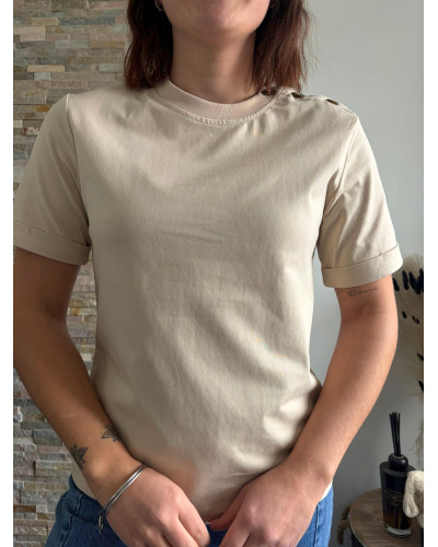 PIERRE | Tee-shirt coton beige boutons épaule