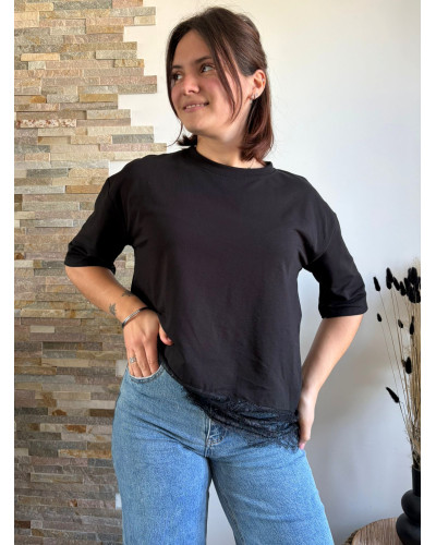 OSCAR | Tee-shirt coton noir bas en dentelle