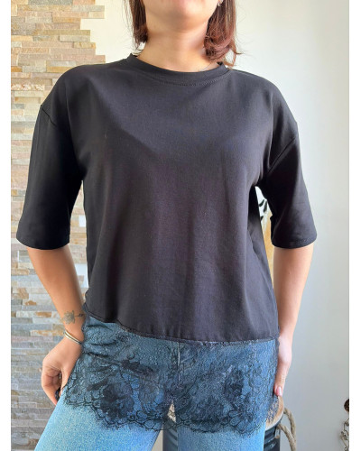 OSCAR | Tee-shirt coton noir bas en dentelle