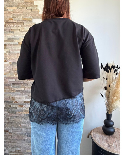 OSCAR | Tee-shirt coton noir bas en dentelle