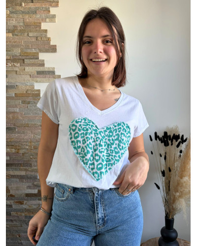 ISAÏA | Tee-shirt en coton blanc cœur léopard