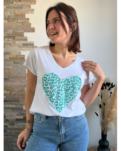 ISAÏA | Tee-shirt en coton blanc cœur léopard