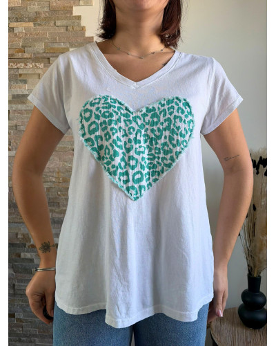 ISAÏA | Tee-shirt en coton blanc cœur léopard