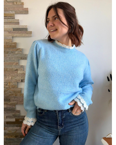 VALENTIN | Pull bleu ciel mi-saison avec col blanc