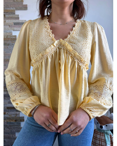 VALENTINA | Blouse jaune beurre péplum avec broderie