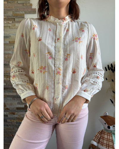 ODETTE | Blouse blanche motif fleuri rose