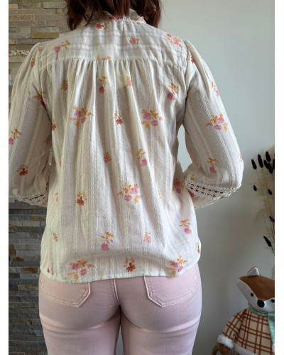 ODETTE | Blouse blanche motif fleuri rose