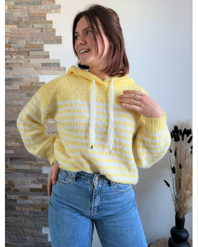 BASTIEN | Pull en maille à capuche rayé jaune et blanc