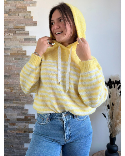BASTIEN | Pull en maille à capuche rayé jaune et blanc