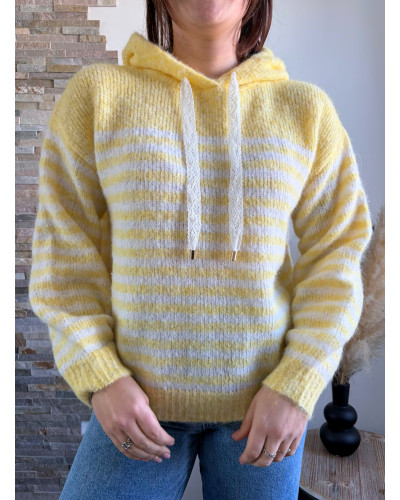 BASTIEN | Pull en maille à capuche rayé jaune et blanc