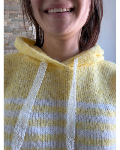 BASTIEN | Pull en maille à capuche rayé jaune et blanc