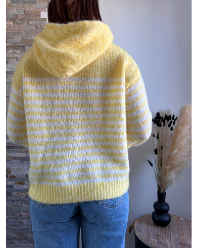 BASTIEN | Pull en maille à capuche rayé jaune et blanc