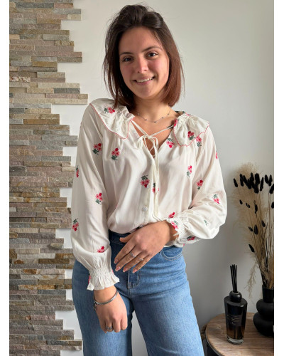 ROSALIE | Blouse blanche broderie fleurie col claudine