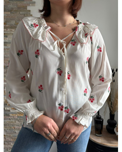 ROSALIE | Blouse blanche broderie fleurie col claudine