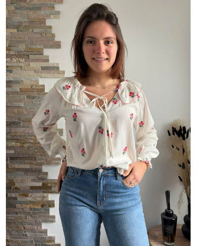 ROSALIE | Blouse blanche broderie fleurie col claudine