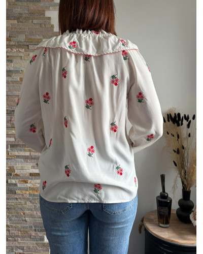 ROSALIE | Blouse blanche broderie fleurie col claudine