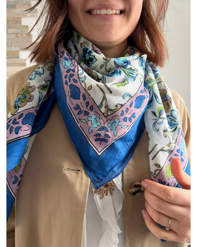 STEVEN | Foulard coton carré imprimé bleu