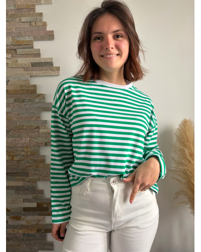 DAMIEN | Tee-shirt à manches longues rayé vert et blanc