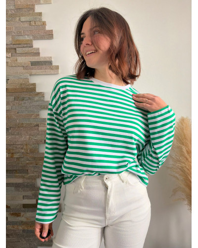 DAMIEN | Tee-shirt à manches longues rayé vert et blanc