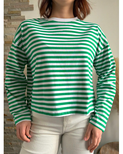 DAMIEN | Tee-shirt à manches longues rayé vert et blanc