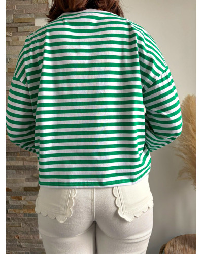 DAMIEN | Tee-shirt à manches longues rayé vert et blanc