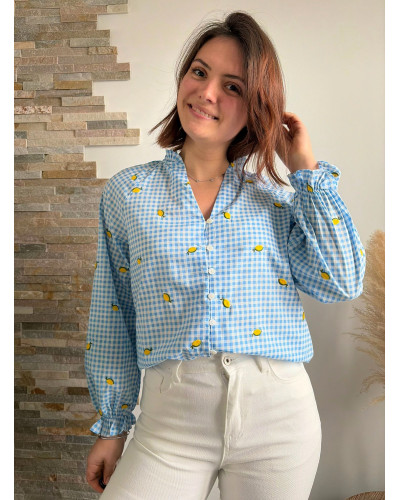 CLARA | Blouse vichy bleu ciel avec citron