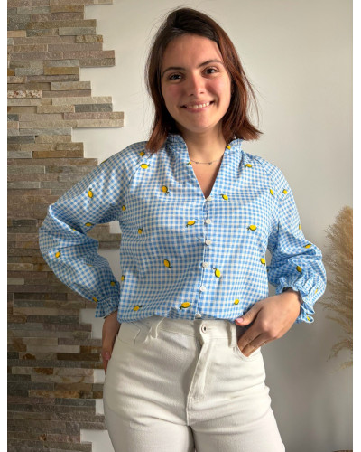 CLARA | Blouse vichy bleu ciel avec citron