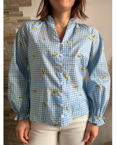 CLARA | Blouse vichy bleu ciel avec citron