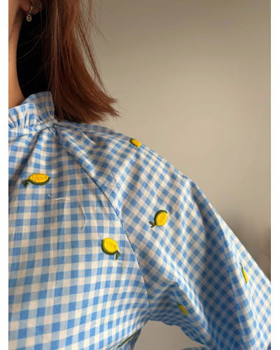 CLARA | Blouse vichy bleu ciel avec citron