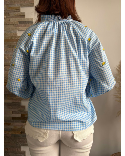 CLARA | Blouse vichy bleu ciel avec citron