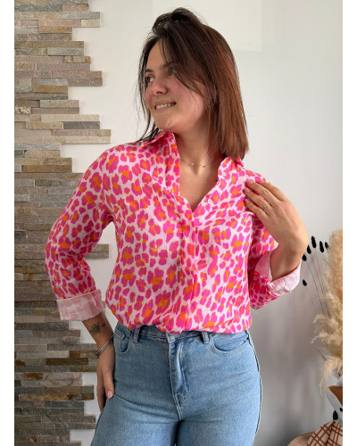 SOLENE | Chemise gaze de coton léopard fushia