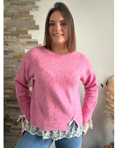 PAUL | Pull rose dentelle dans le bas