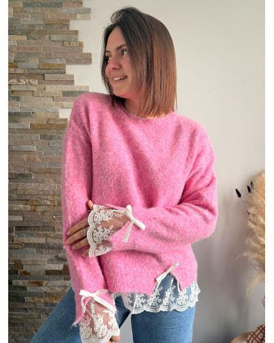 PAUL | Pull rose dentelle dans le bas