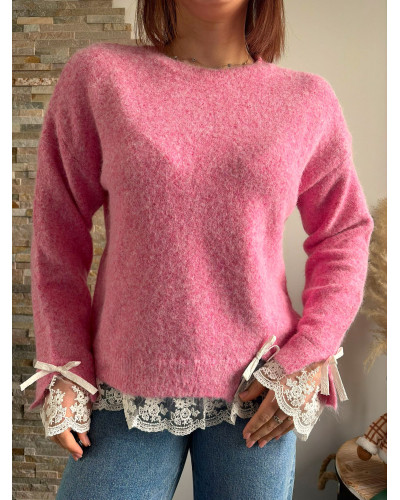 PAUL | Pull rose dentelle dans le bas
