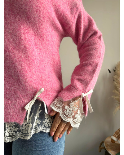 PAUL | Pull rose dentelle dans le bas