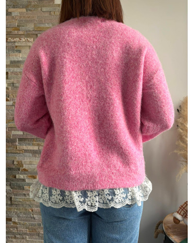 PAUL | Pull rose dentelle dans le bas