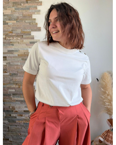 PIERRE | Tee-shirt coton blanc boutons épaule