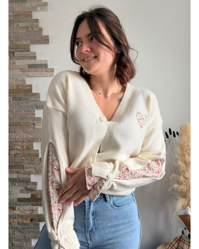 THEO | Gilet écru boutonné col V coeur liberty