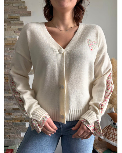 THEO | Gilet écru boutonné col V coeur liberty