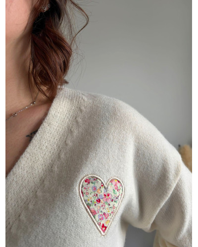 THEO | Gilet écru boutonné col V coeur liberty