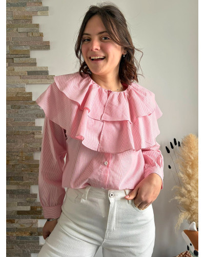 ANNE-SOPHIE | Blouse rayé rose fuchsia col claudine