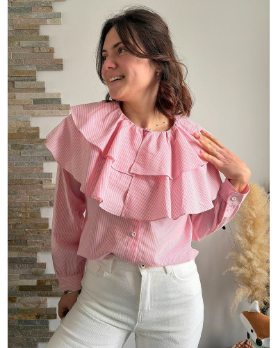 ANNE-SOPHIE | Blouse rayé rose fuchsia col claudine