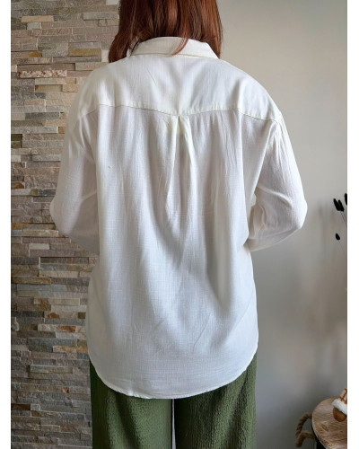 CLAUDINE | Chemise blanche broderie kaki tropicale