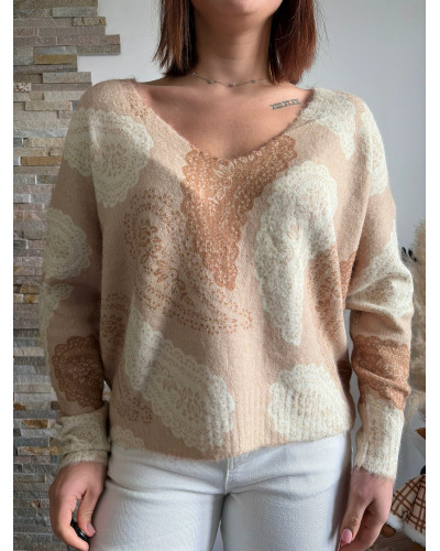 LEOPOLD | Pull beige mi-saison à motif cachemire