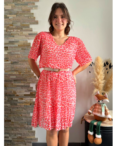 KARINE | Robe plissée léopard rose corail